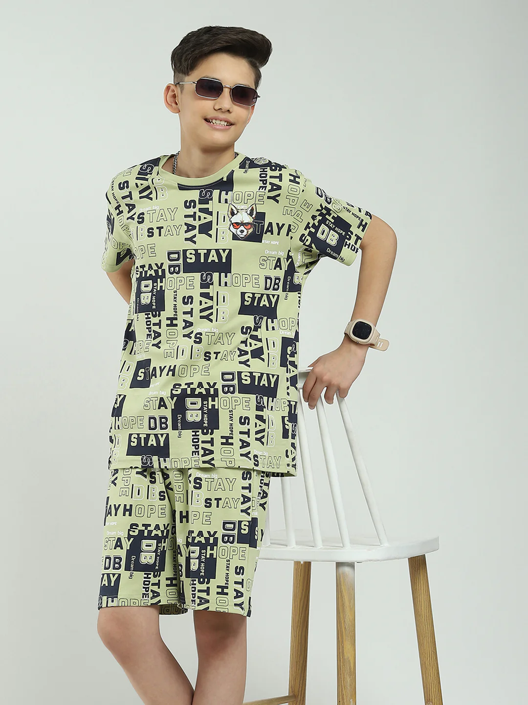 Boys Green Printed Round Neck Half Sleeve Bermuda Set - Image 6