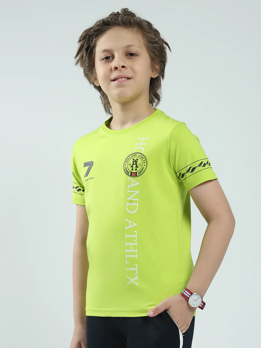 Boys Green Printed Round Neck Half Sleeve T-Shirt - Image 3