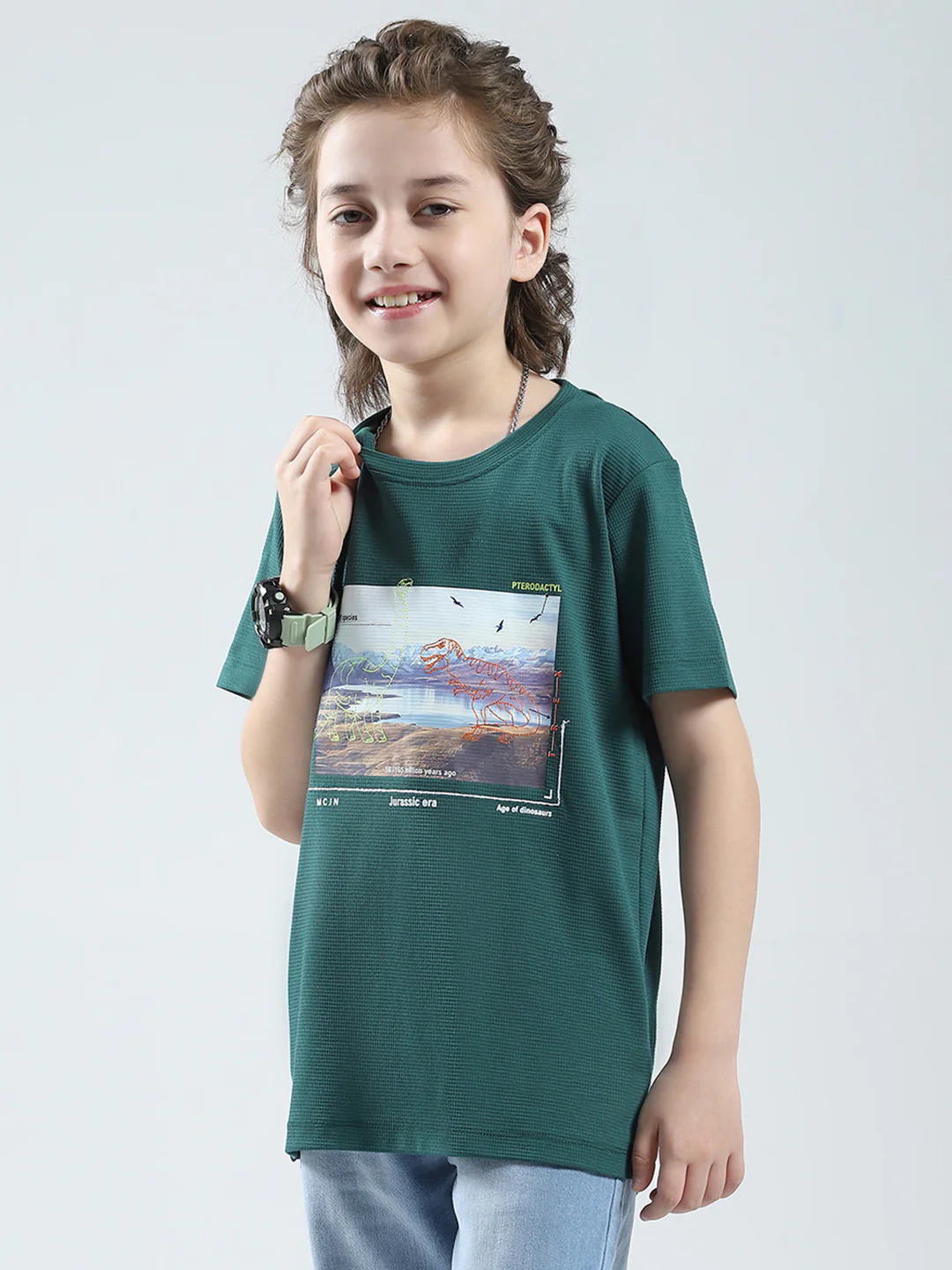 Boys Green Printed Round Neck Half Sleeve T-Shirt - Image 3