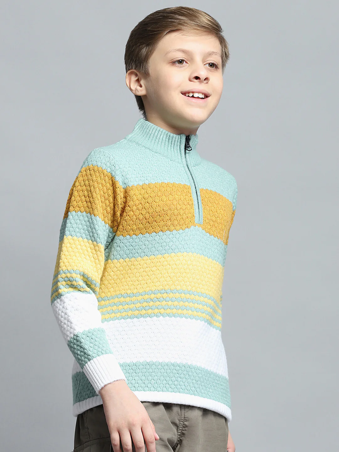 Boys Green Self Design Mock Neck Full Sleeve Pullover - Image 4