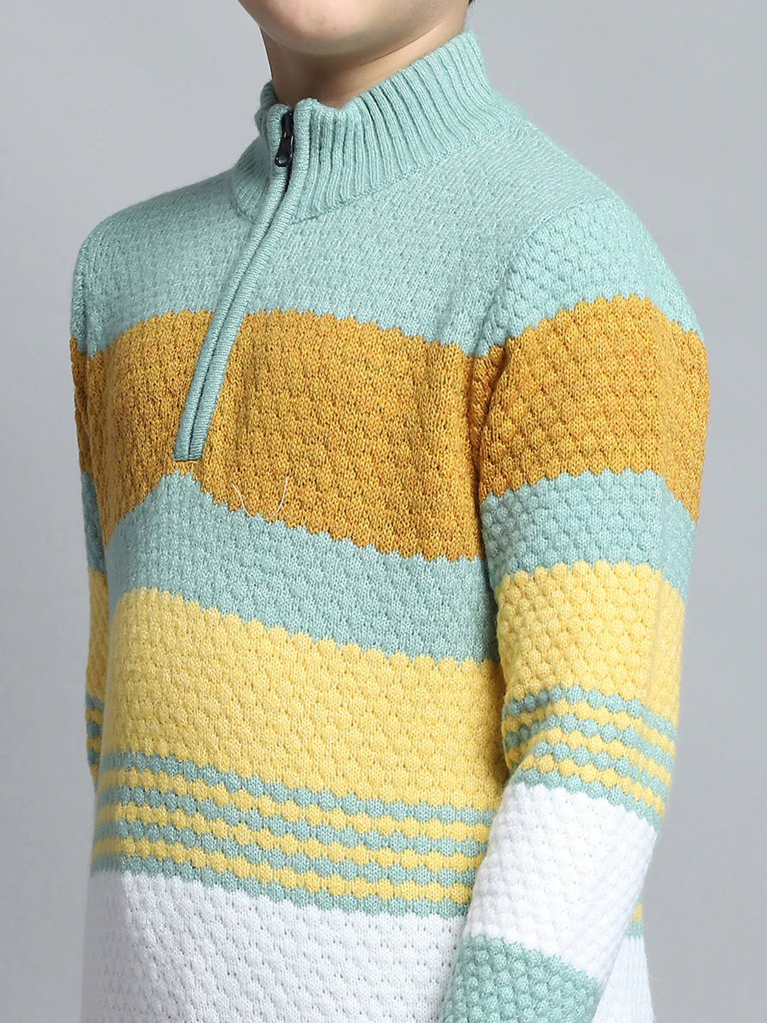 Boys Green Self Design Mock Neck Full Sleeve Pullover - Image 6