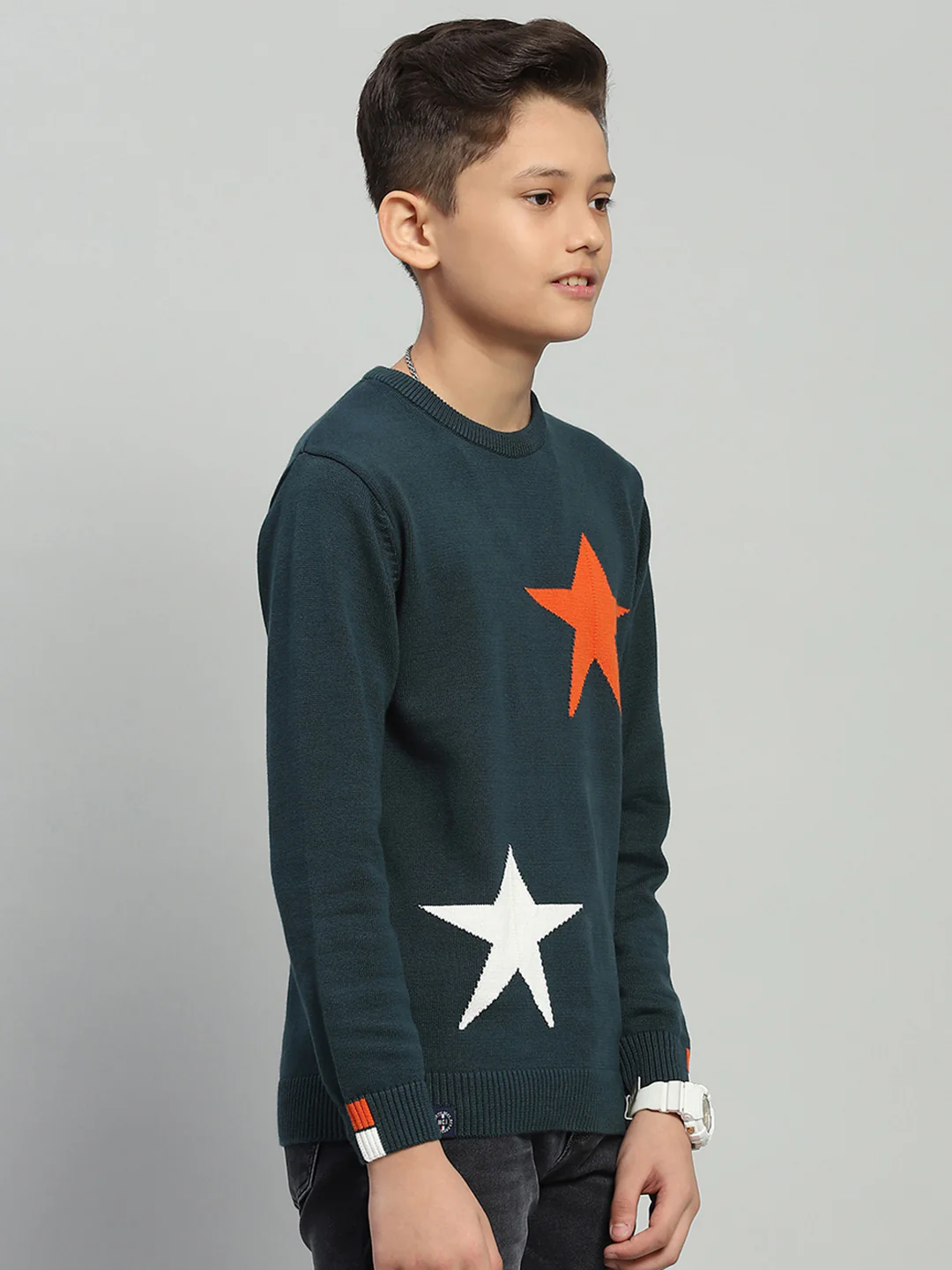 Boys Green Self Design Round Neck Full Sleeve Pullover - Image 4