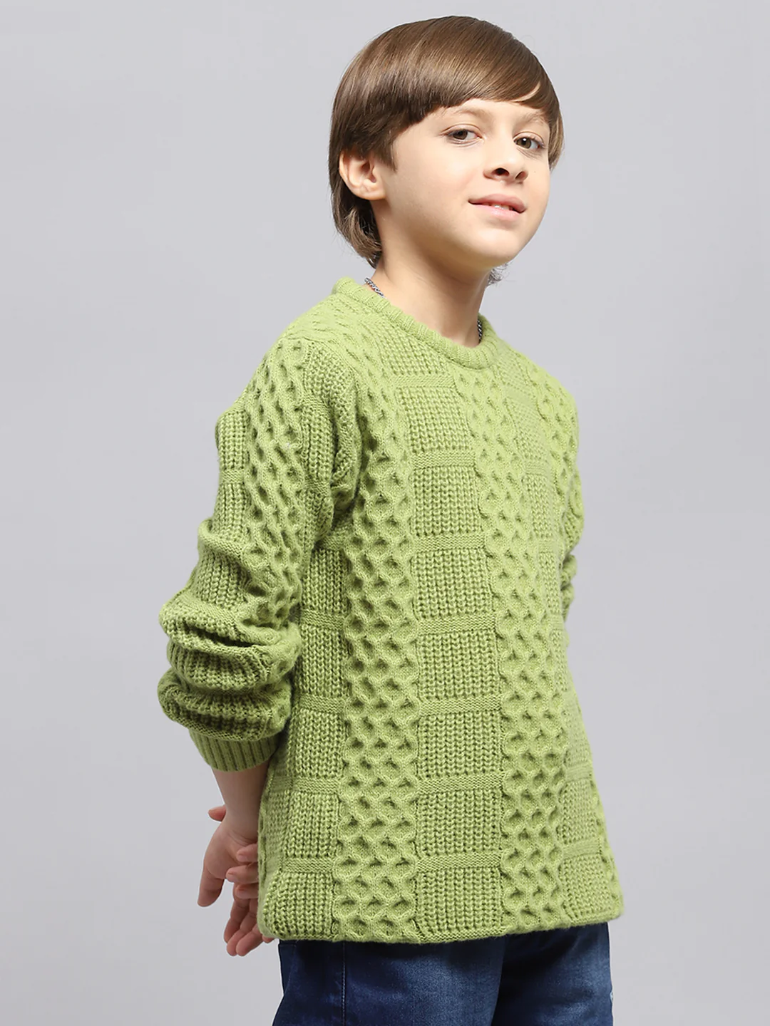 Boys Green Self Design Round Neck Full Sleeve Pullover - Image 4