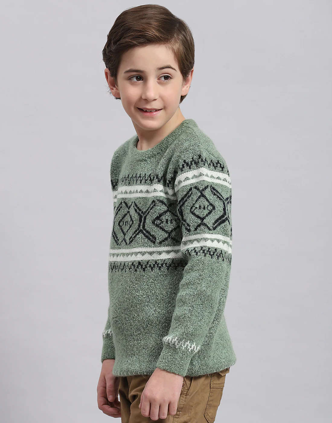 Boys Green Self Design Round Neck Full Sleeve Sweater - Image 3
