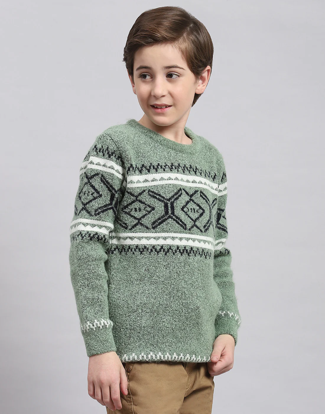 Boys Green Self Design Round Neck Full Sleeve Sweater - Image 4