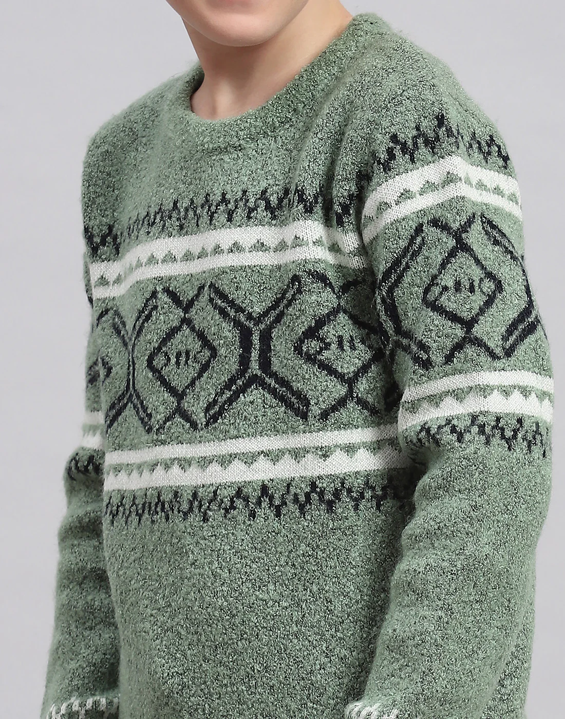 Boys Green Self Design Round Neck Full Sleeve Sweater - Image 6