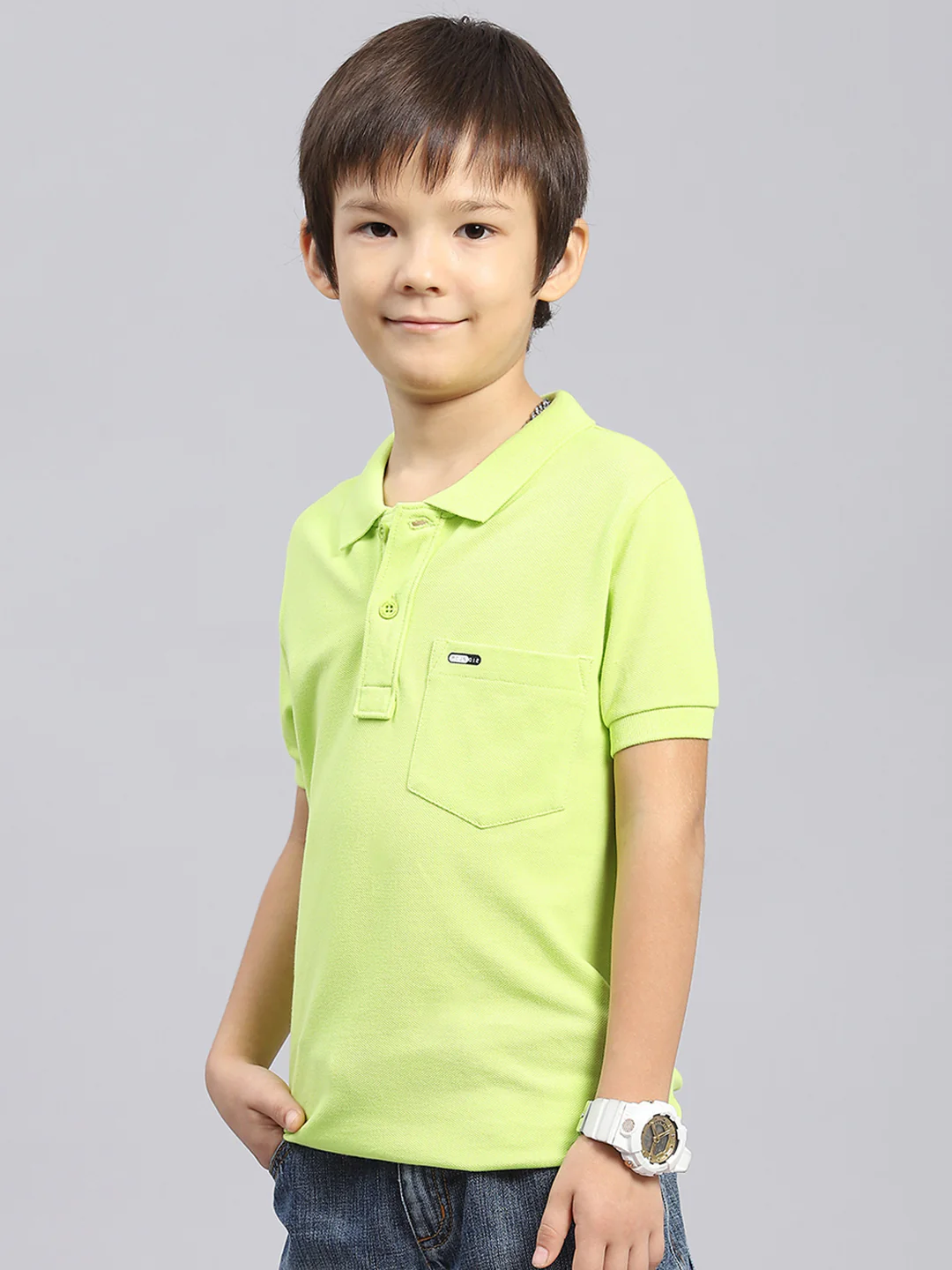 Boys Green Solid Collar Half Sleeve T-Shirt - Image 3