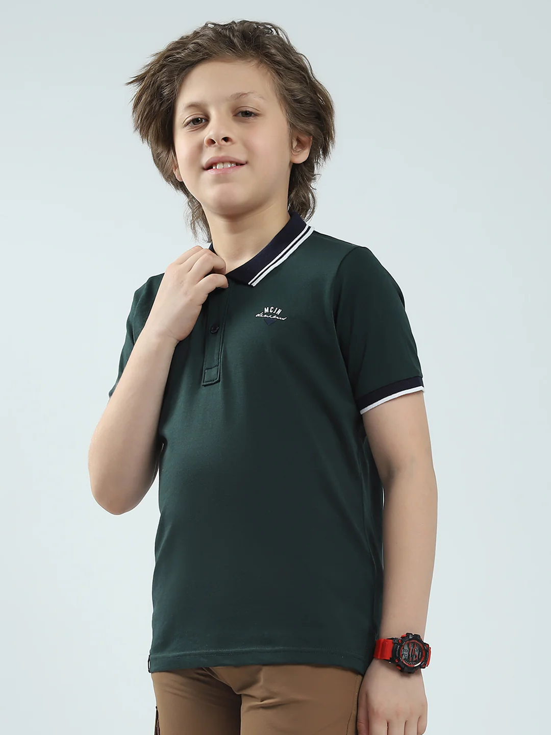 Boys Green Solid Collar Half Sleeve T-Shirt - Image 3