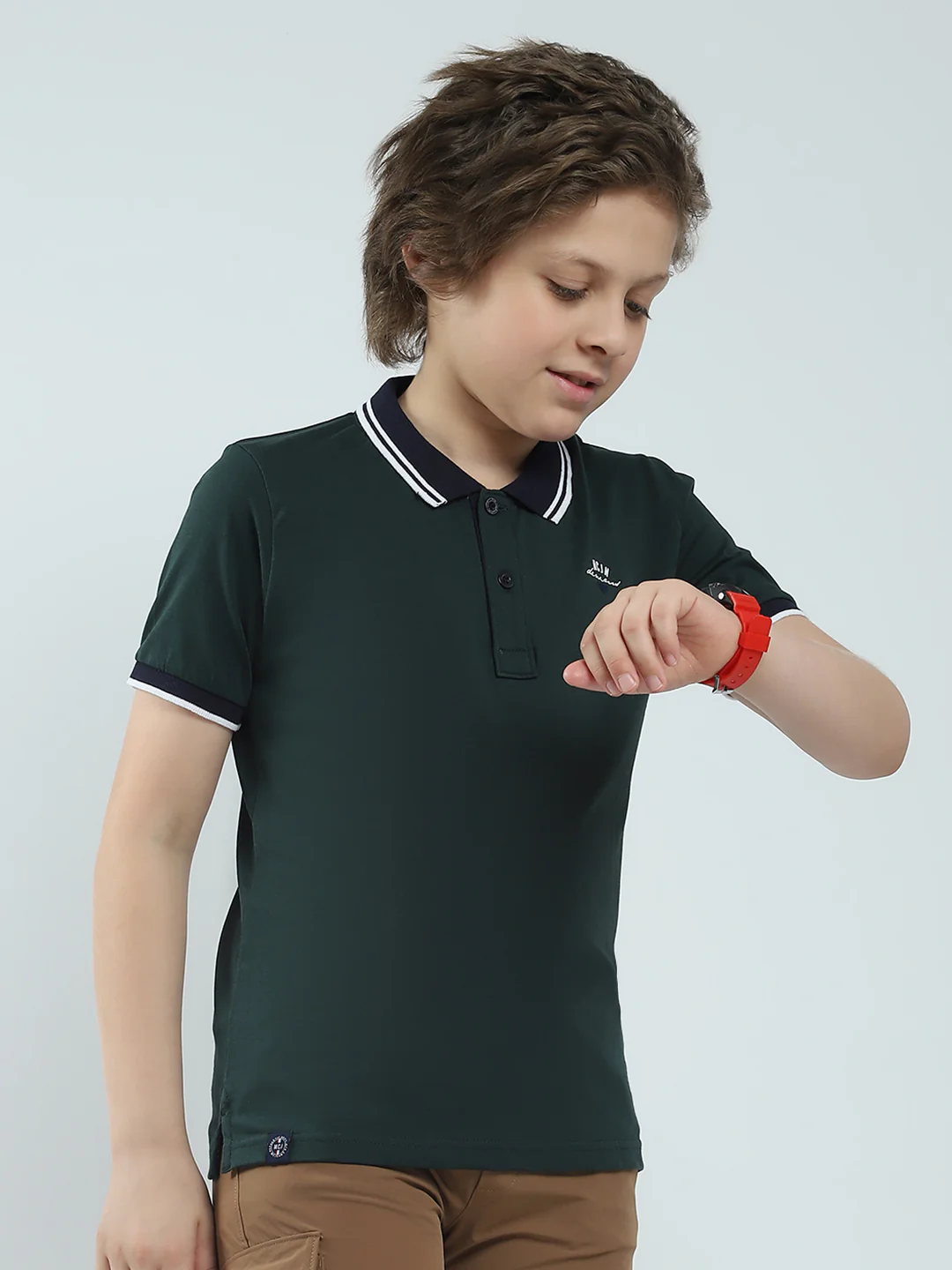 Boys Green Solid Collar Half Sleeve T-Shirt - Image 4