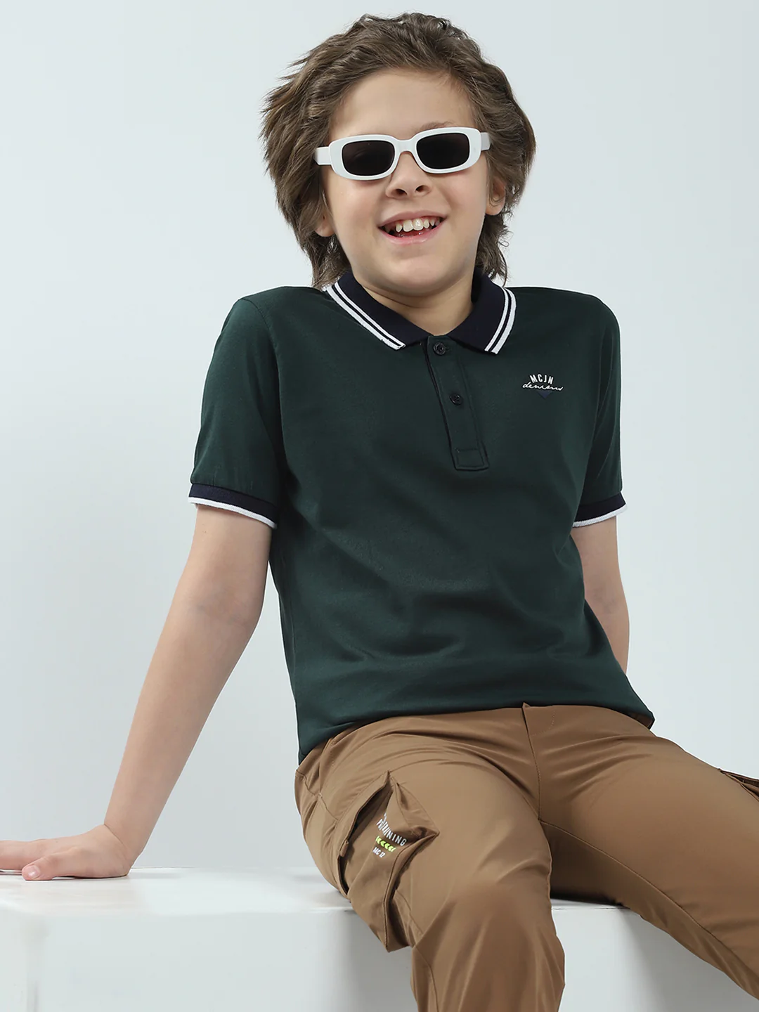 Boys Green Solid Collar Half Sleeve T-Shirt - Image 6