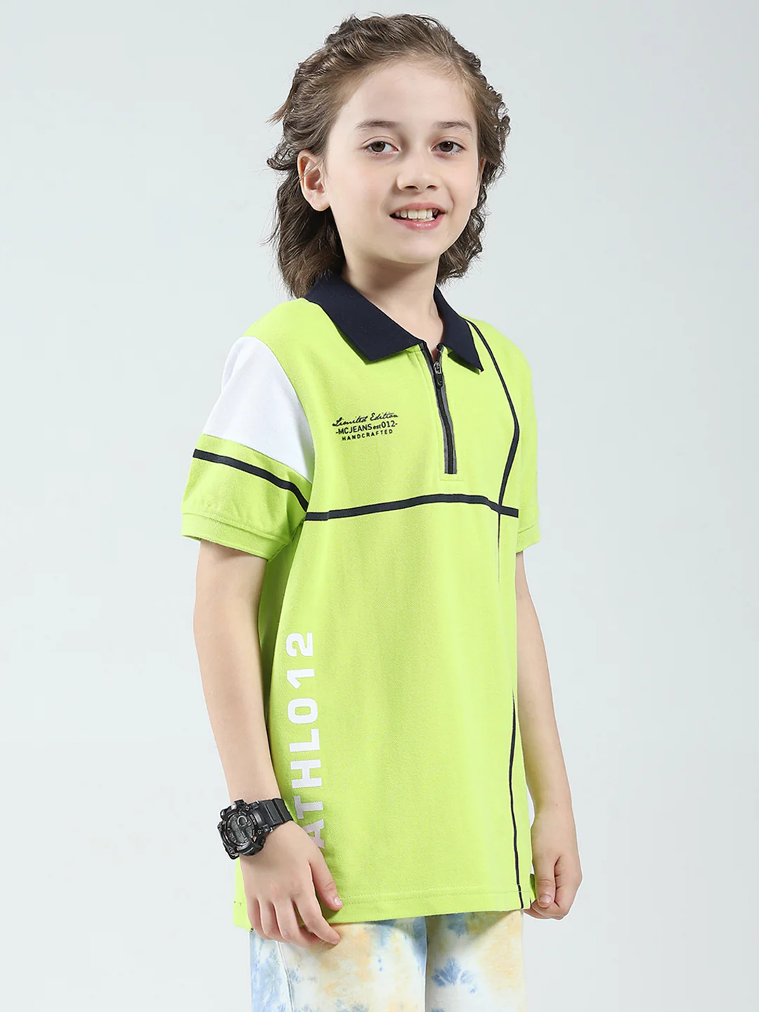 Boys Green Solid Collar Half Sleeve T-Shirt - Image 4