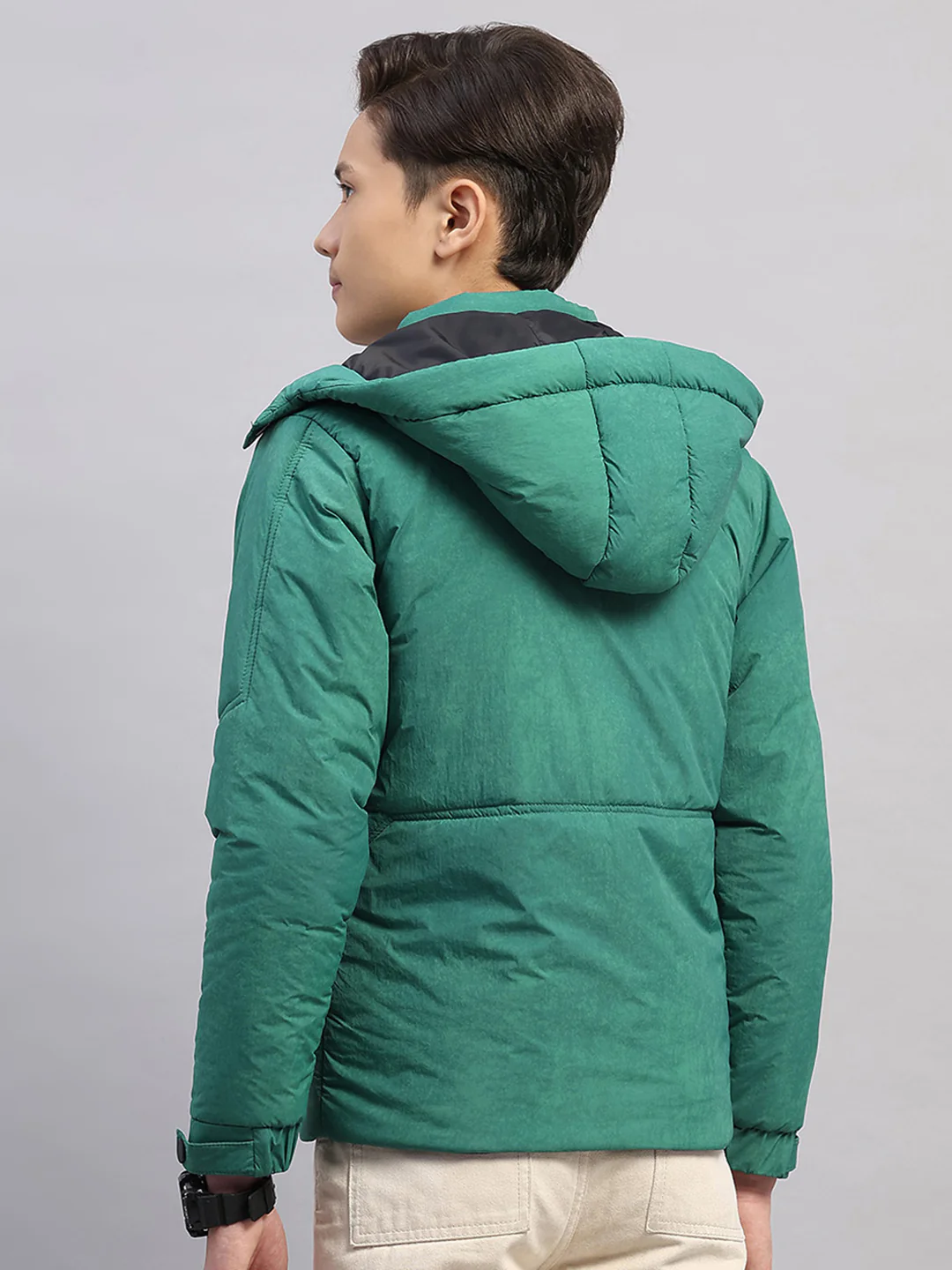 Boys Green Solid Hooded Full Sleeve Jacket - Image 5