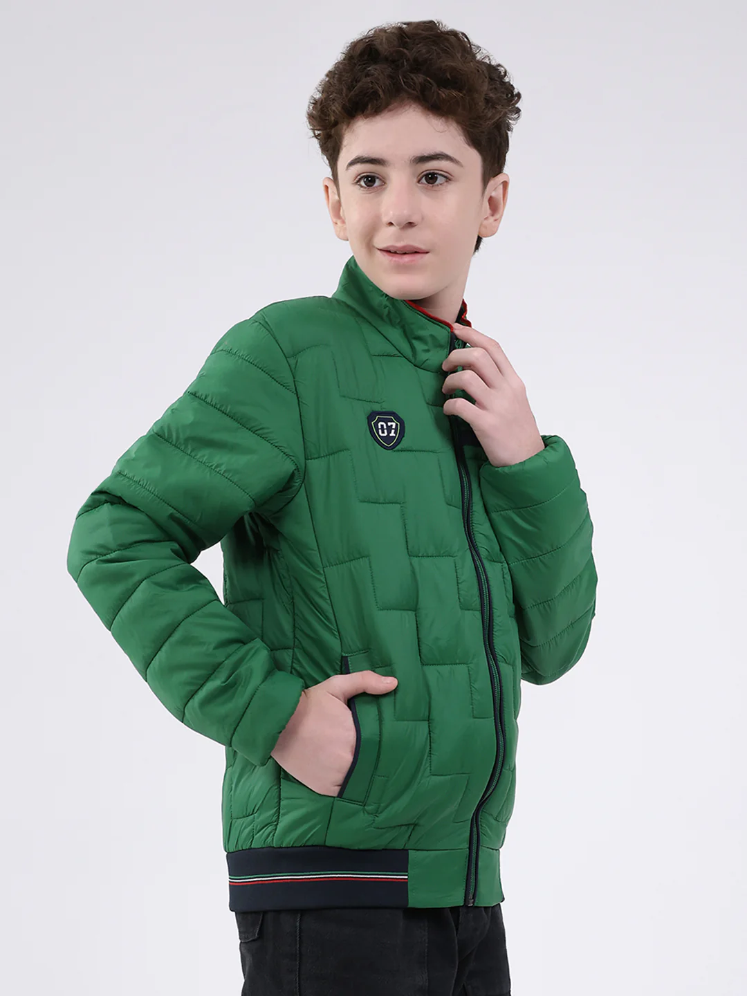 Boys Green Solid Mock Neck Full Sleeve Jacket - Image 4