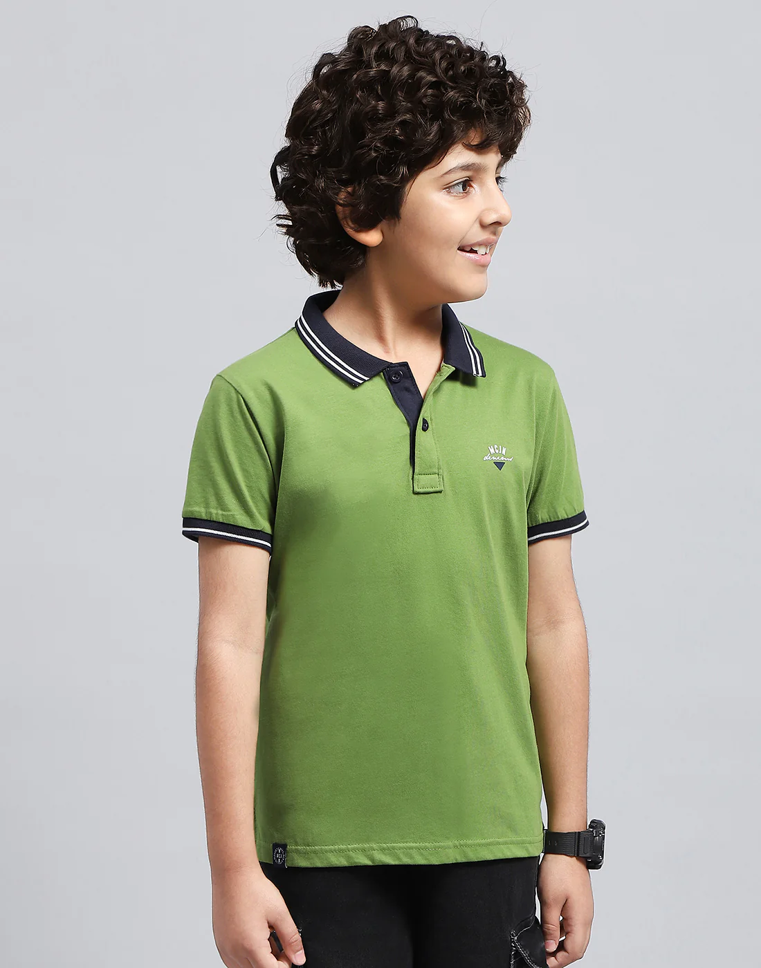 Boys Green Solid Polo Collar Half Sleeve T-Shirt - Image 3