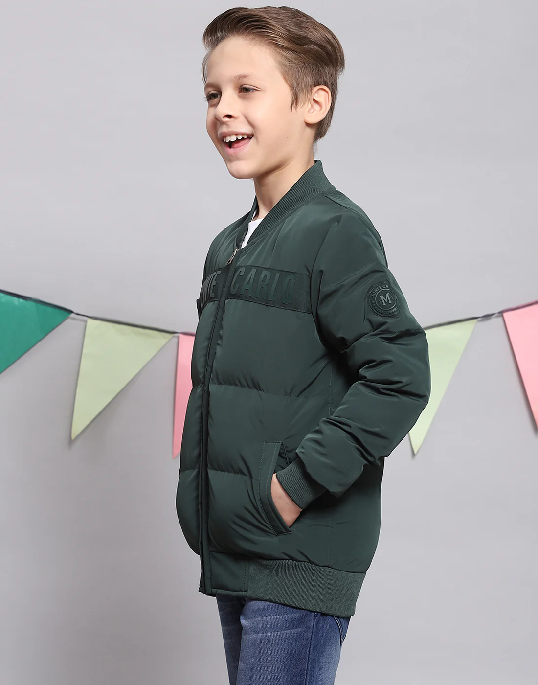 Boys Green Solid Stand Collar Full Sleeve Boys Jacket - Image 3