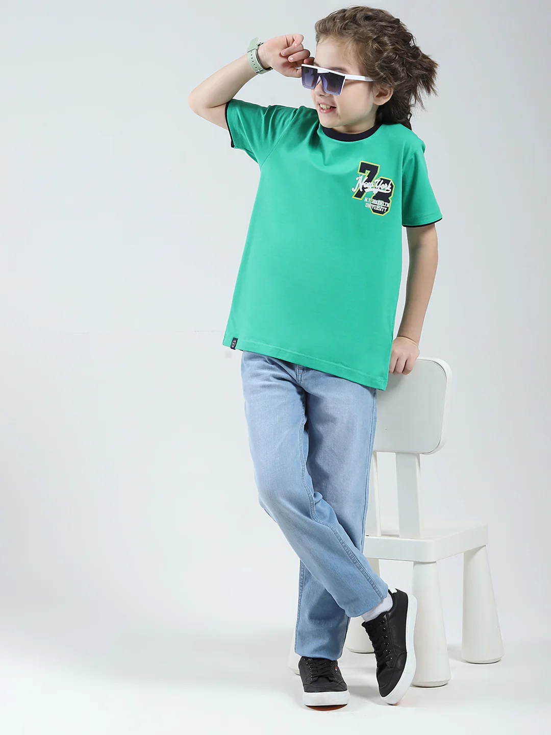 Boys Green Solid Round Neck Half Sleeve T-Shirt - Image 2