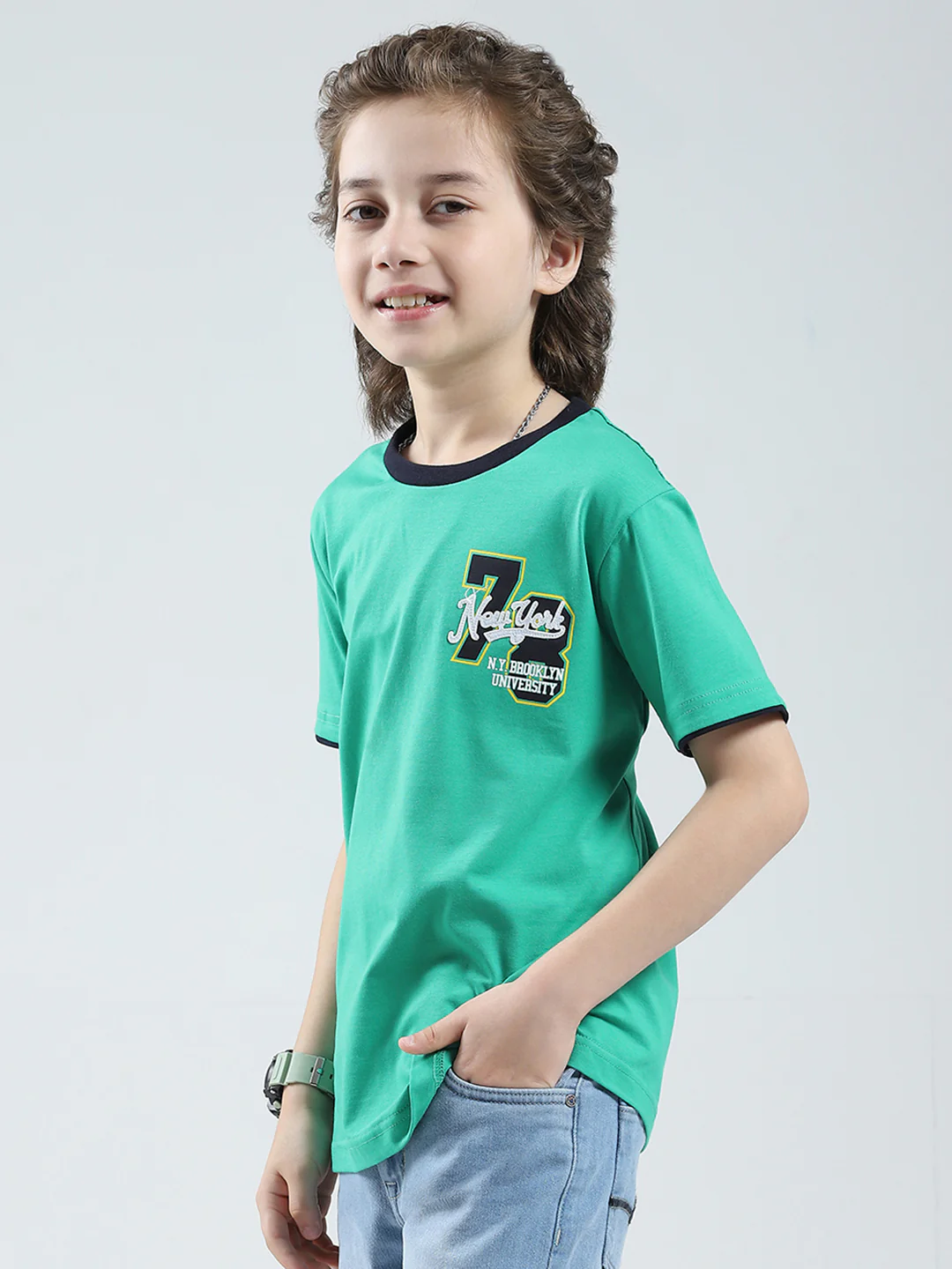 Boys Green Solid Round Neck Half Sleeve T-Shirt - Image 3