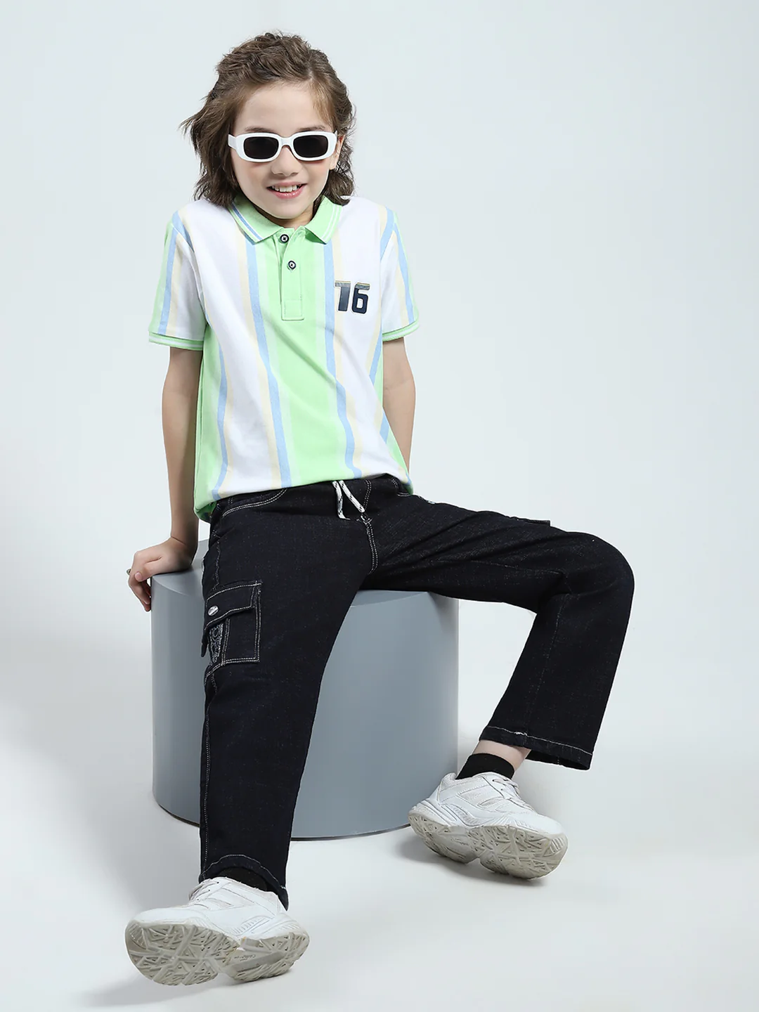 Boys Green Stripe Collar Half Sleeve T-Shirt - Image 2