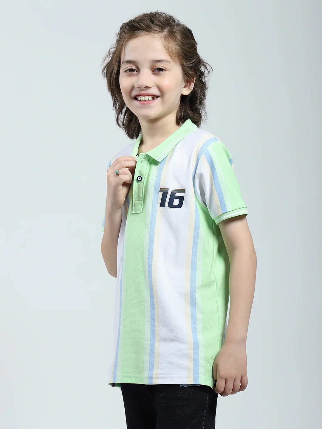 Boys Green Stripe Collar Half Sleeve T-Shirt - Image 3
