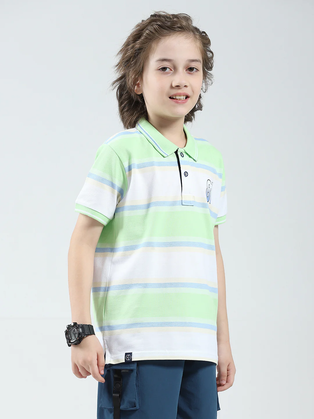 Boys Green Stripe Collar Half Sleeve T-Shirt - Image 4