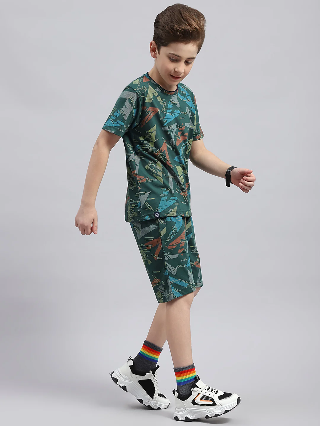Boys Blue Printed Round Neck Half Sleeve Bermuda Set - Image 4