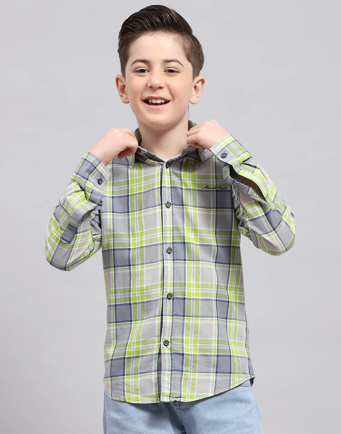 Boys Grey Check Collar Full Sleeve Shirt - Image 2