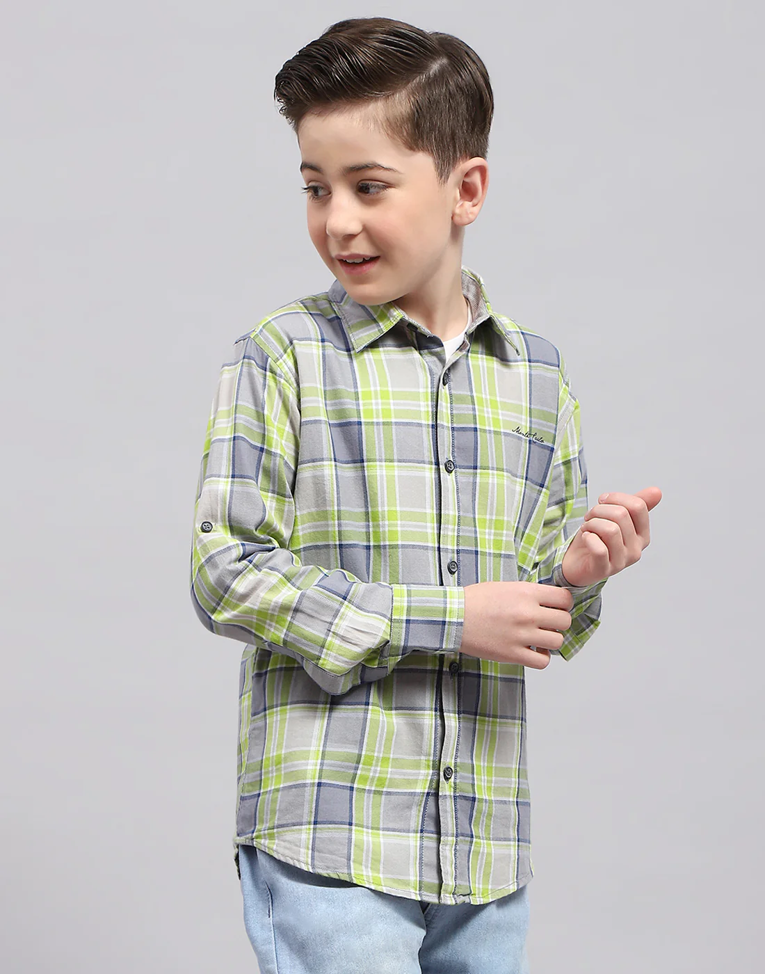 Boys Grey Check Collar Full Sleeve Shirt - Image 4