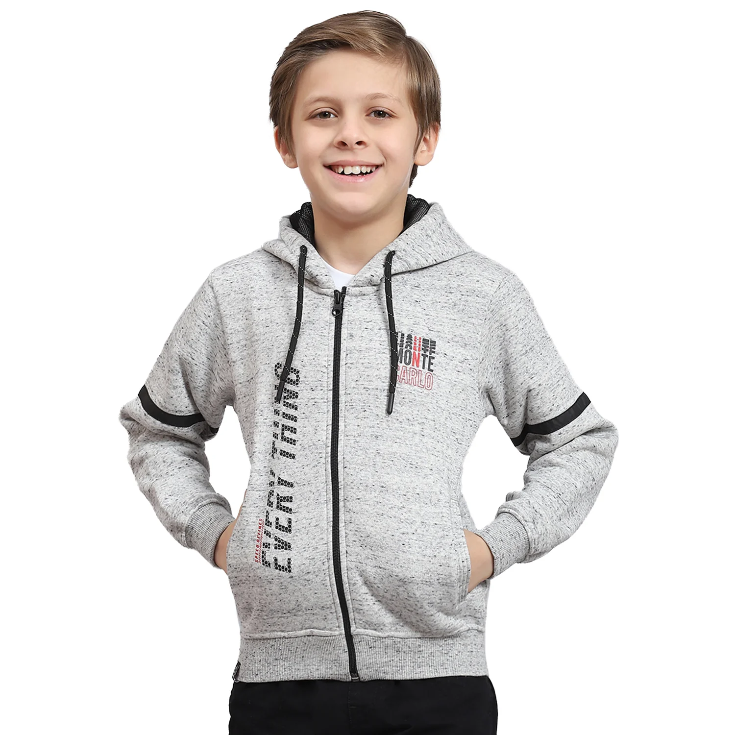 Boys Grey Melange Printed Hooded Full Sleeve Sweatshirt - Image 5