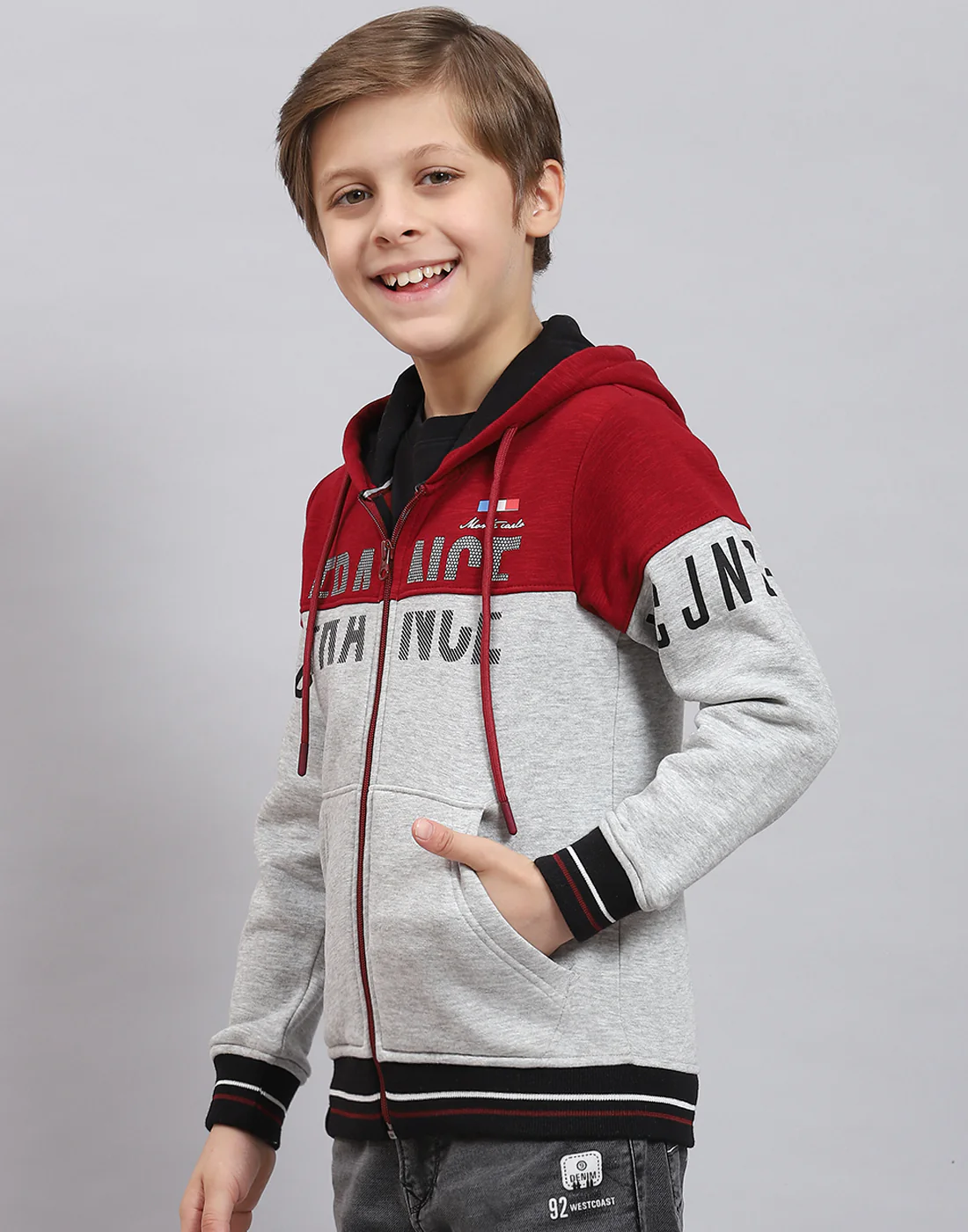 Boys Grey Melange Printed Hooded Full Sleeve Sweatshirt - Image 3