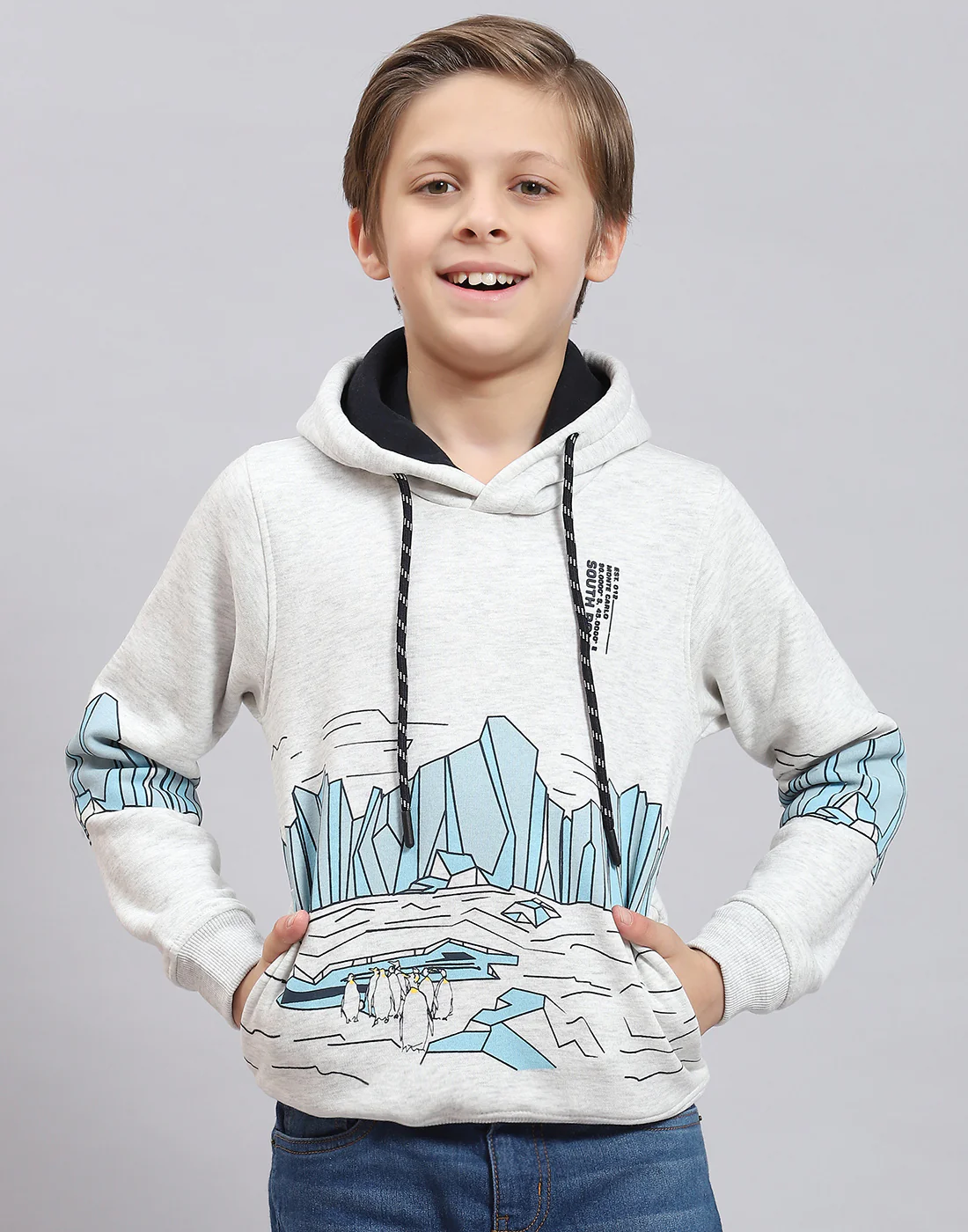 Boys Grey Melange Printed Hooded Full Sleeve Sweatshirt - Image 2