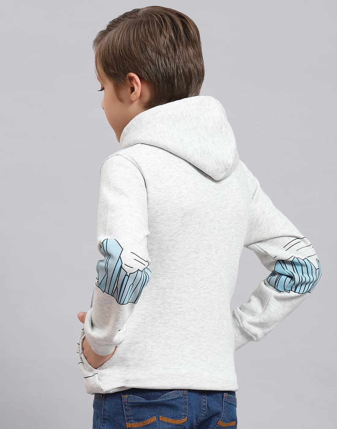 Boys Grey Melange Printed Hooded Full Sleeve Sweatshirt - Image 6