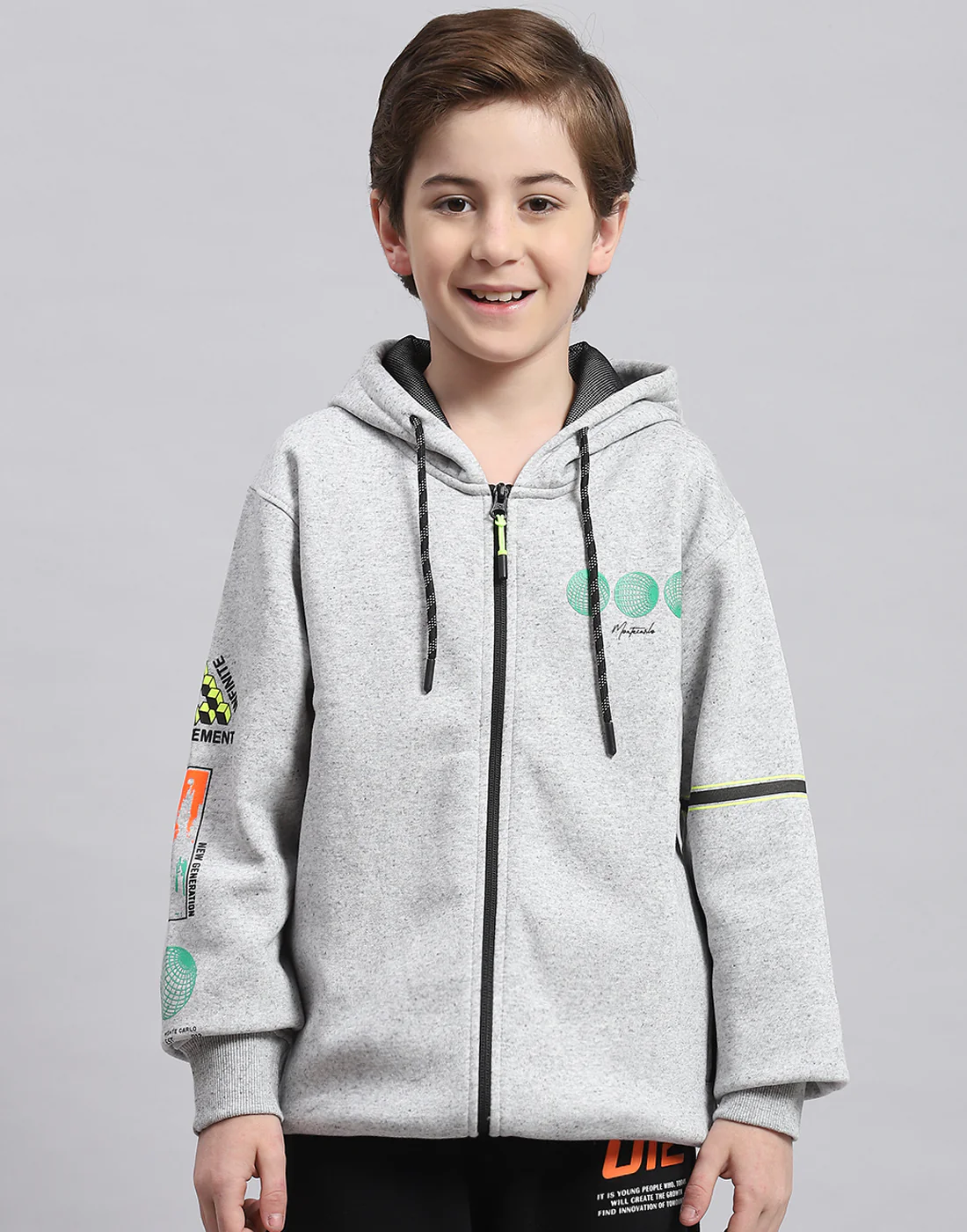 Boys Grey Melange Printed Hooded Full Sleeve Sweatshirt - Image 2