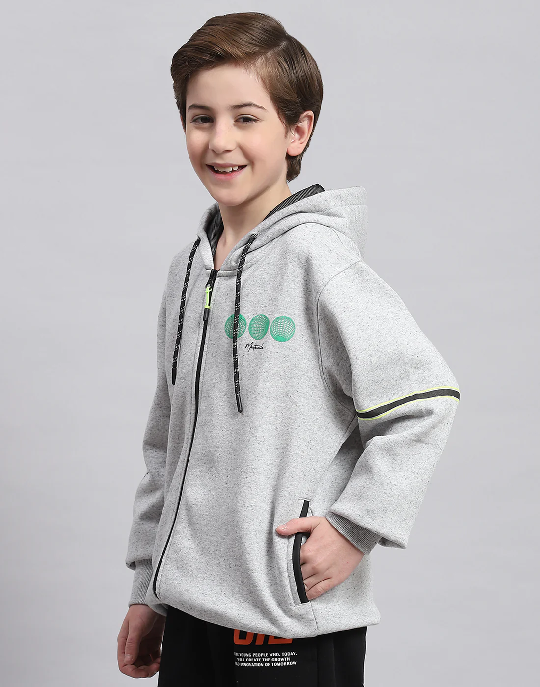 Boys Grey Melange Printed Hooded Full Sleeve Sweatshirt - Image 3