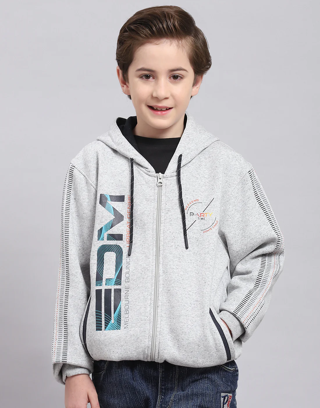 Boys Grey Melange Printed Hooded Full Sleeve Sweatshirt - Image 2
