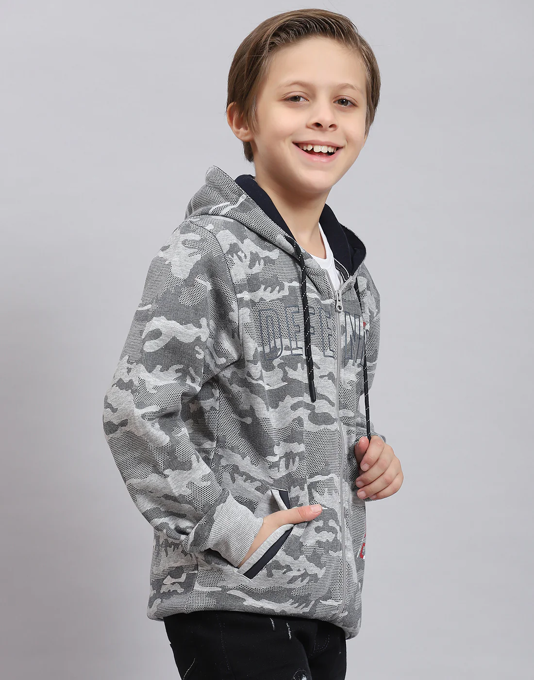 Boys Grey Melange Printed Hooded Full Sleeve Sweatshirt - Image 4