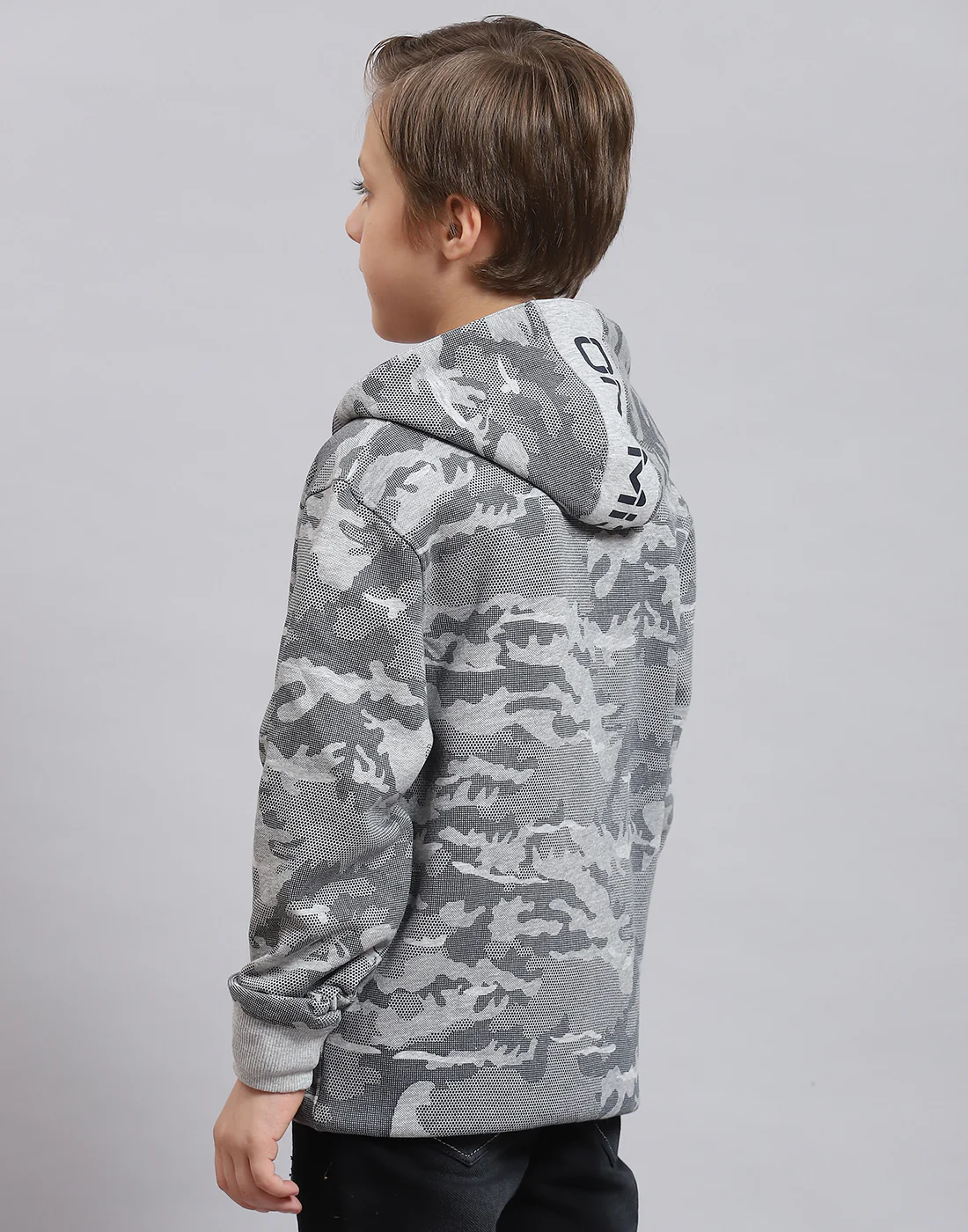 Boys Grey Melange Printed Hooded Full Sleeve Sweatshirt - Image 5