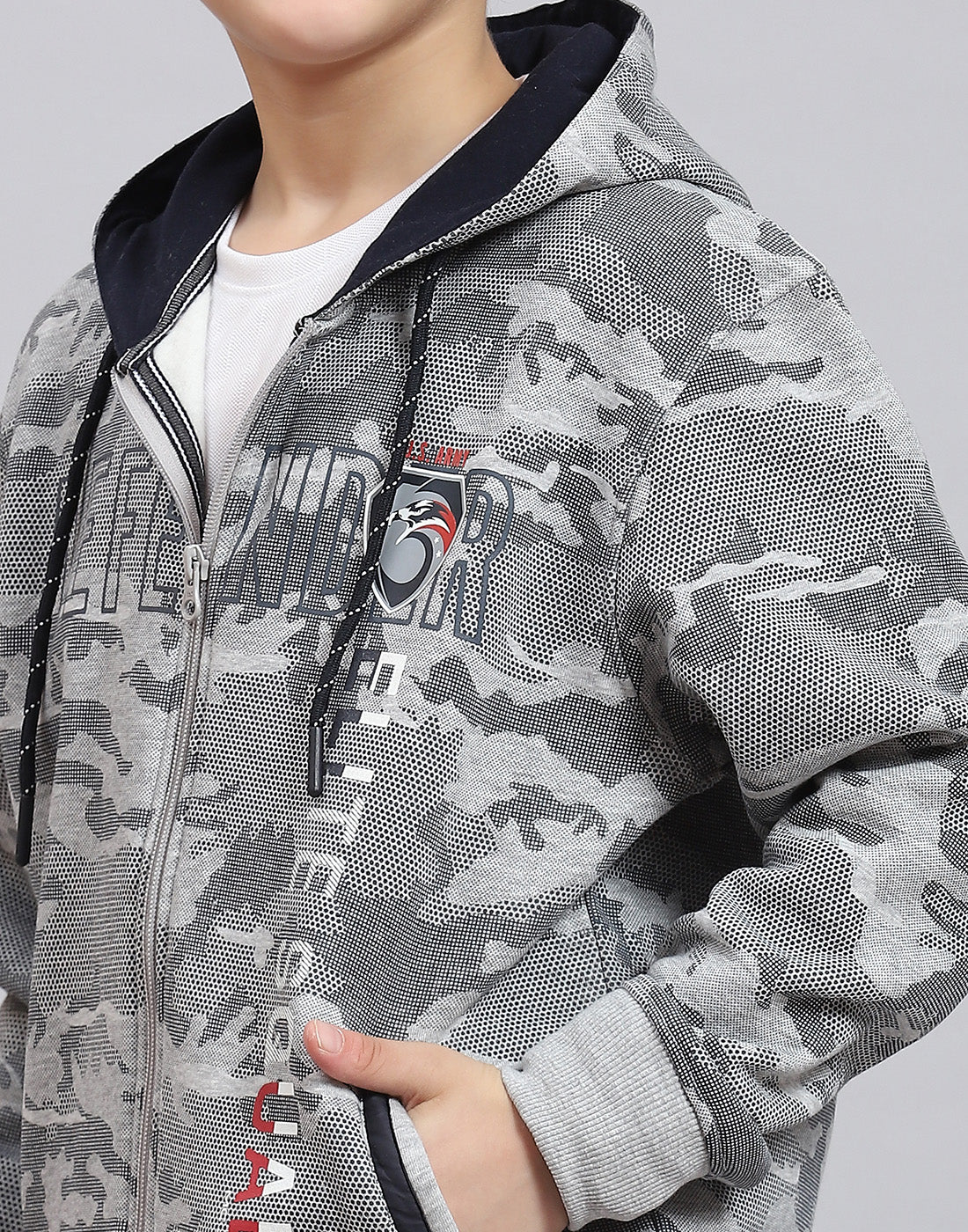 Boys Grey Melange Printed Hooded Full Sleeve Sweatshirt - Image 6
