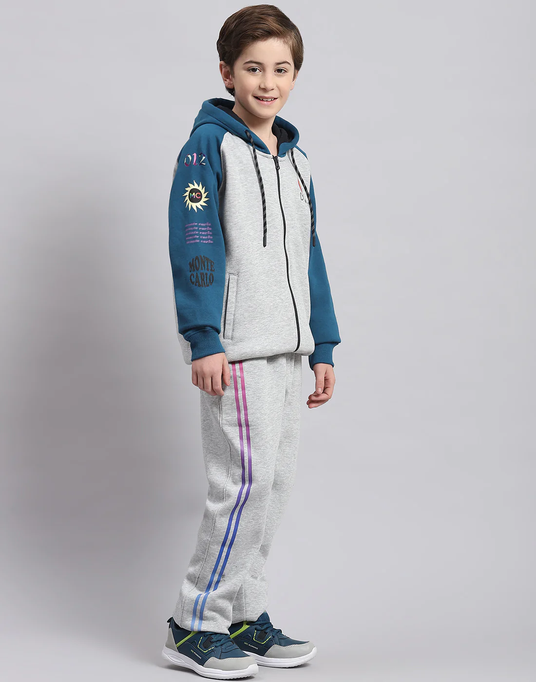 Boys Grey Melange Printed Hooded Full Sleeve Tracksuit - Image 4