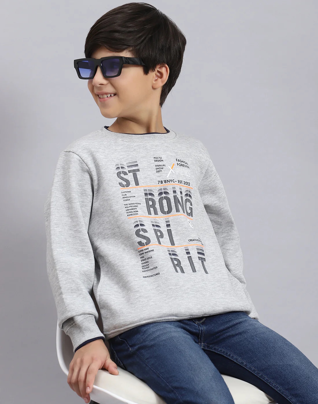 Boys Grey Melange Printed Round Neck Full Sleeve Sweatshirt - Image 2