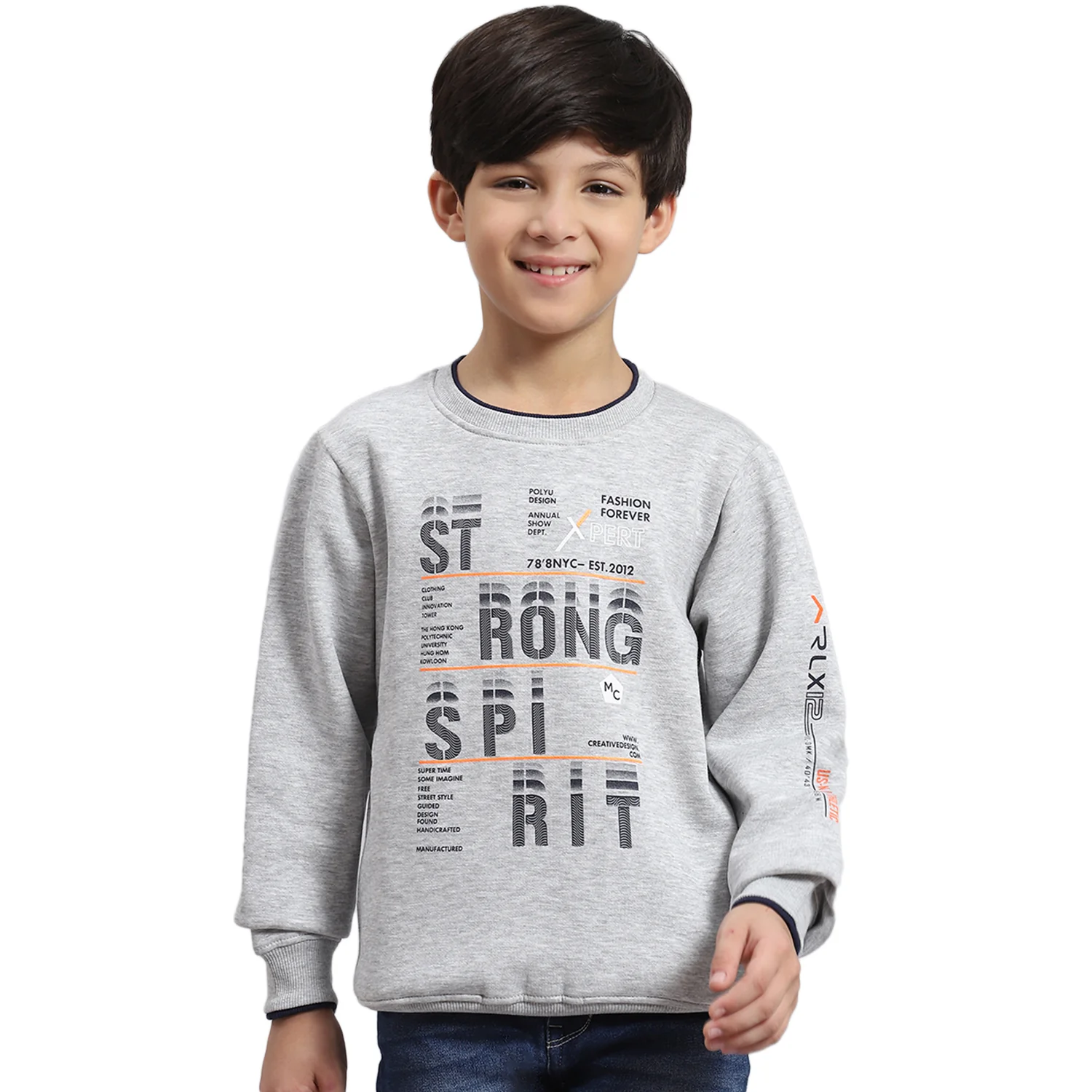 Boys Grey Melange Printed Round Neck Full Sleeve Sweatshirt - Image 5
