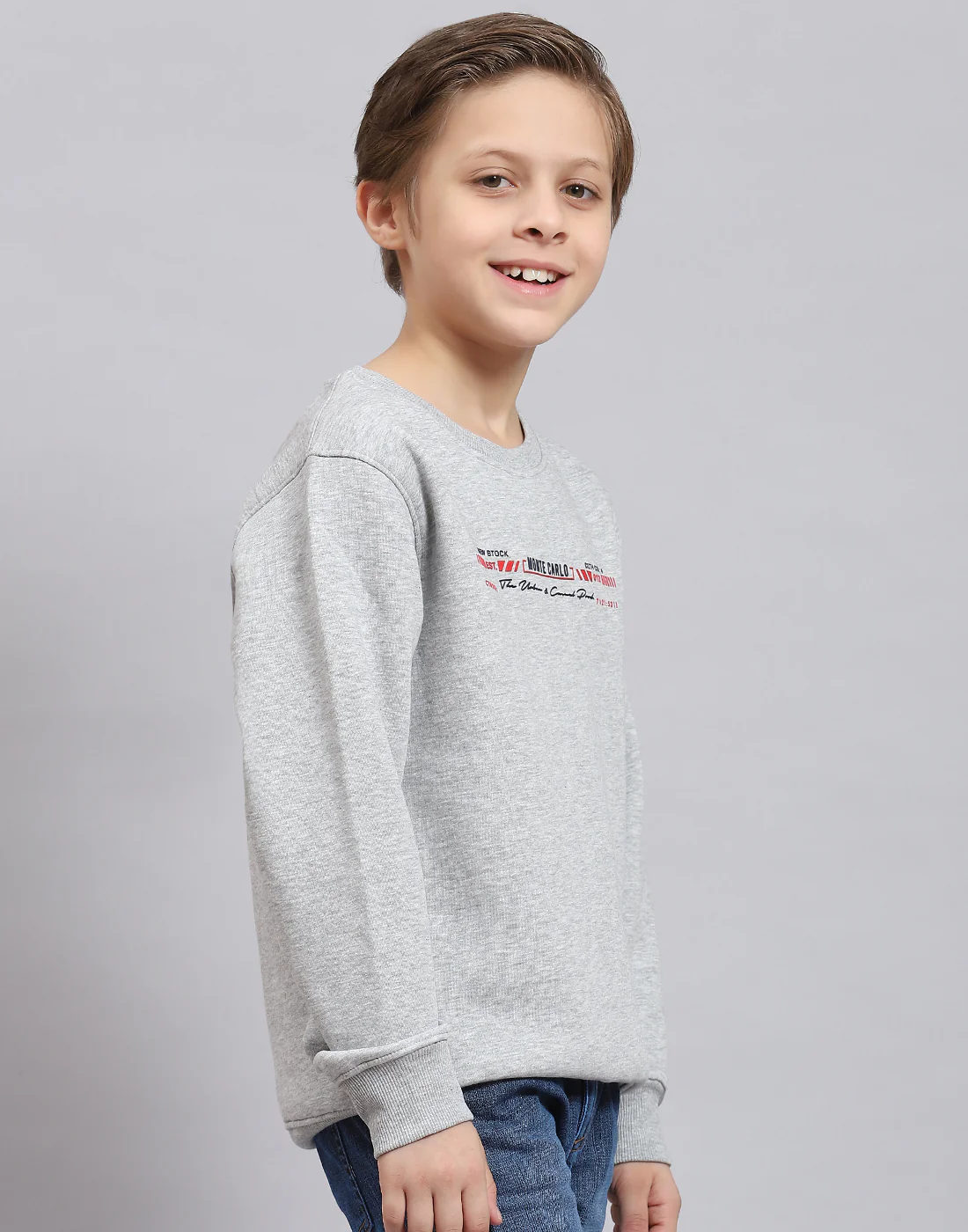 Boys Grey Melange Printed Round Neck Full Sleeve Sweatshirt - Image 4