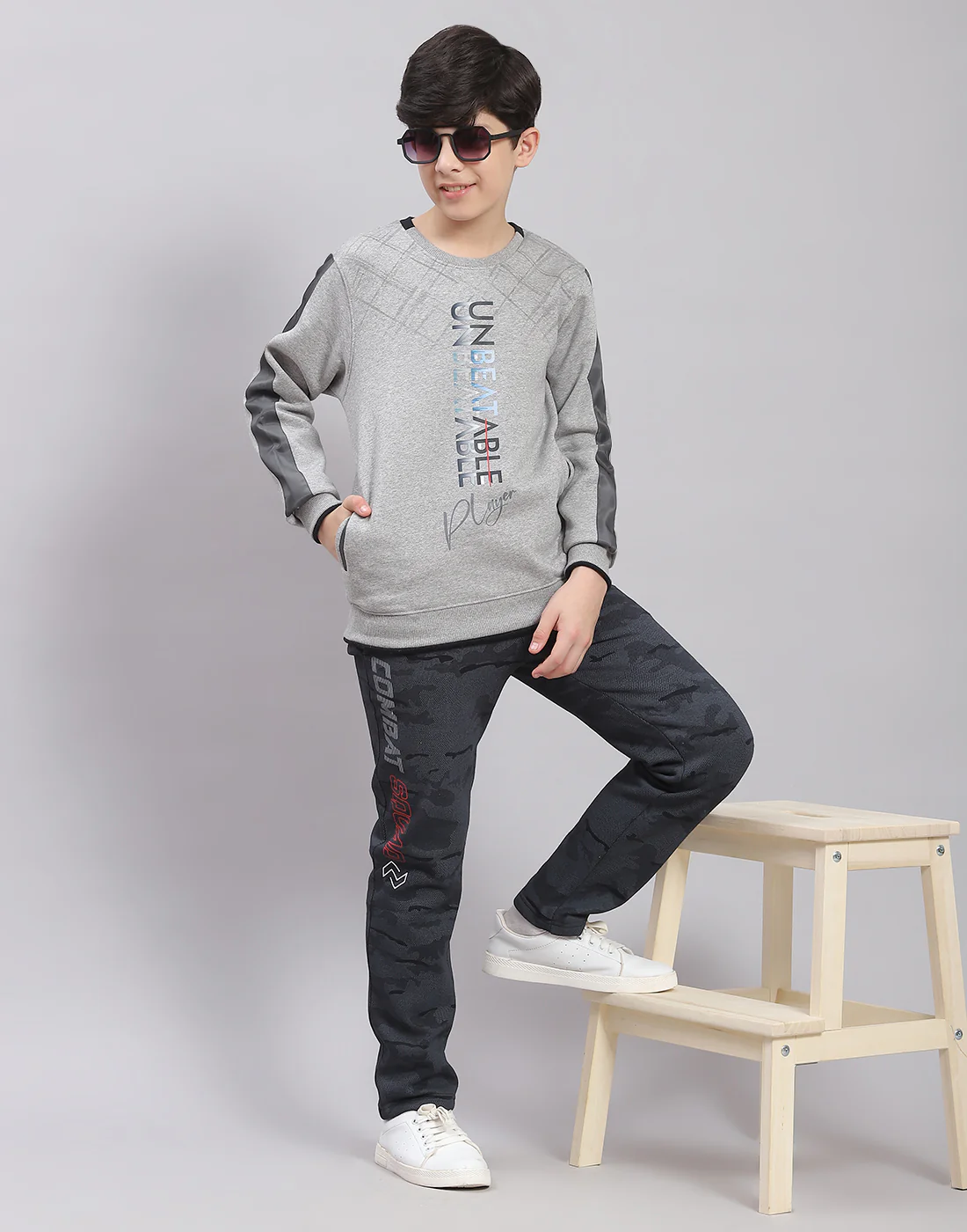 Boys Grey Melange Printed Round Neck Full Sleeve Sweatshirt - Image 2