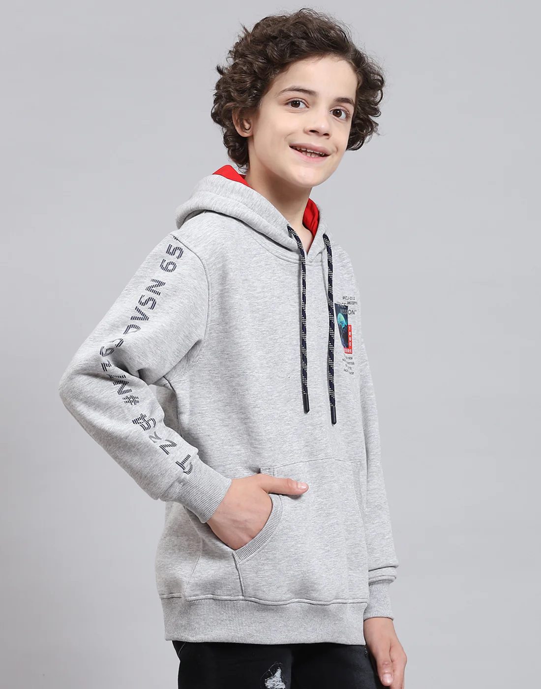 Boys Grey Melange Printed Round Neck Full Sleeve Sweatshirt - Image 4