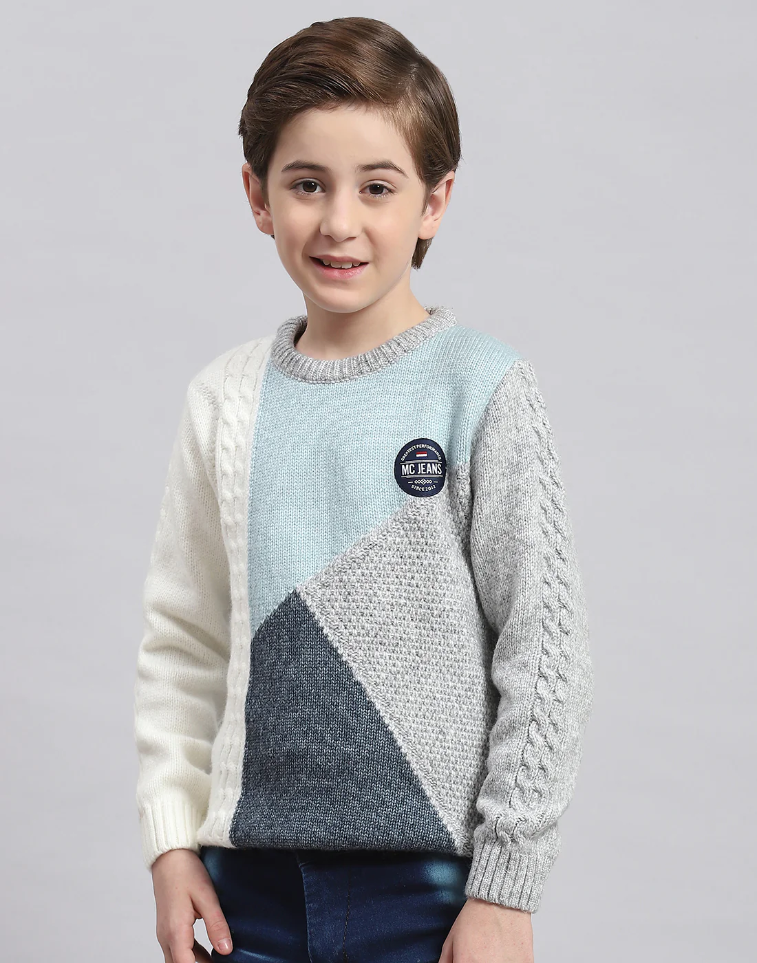 Boys Grey Melange Self Design Round Neck Full Sleeve Sweater - Image 3