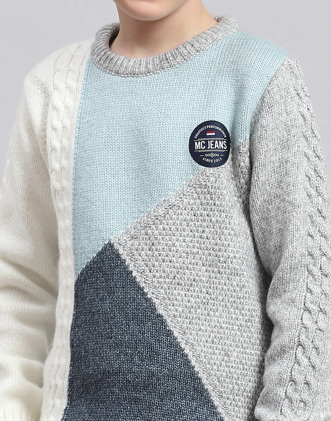 Boys Grey Melange Self Design Round Neck Full Sleeve Sweater - Image 6