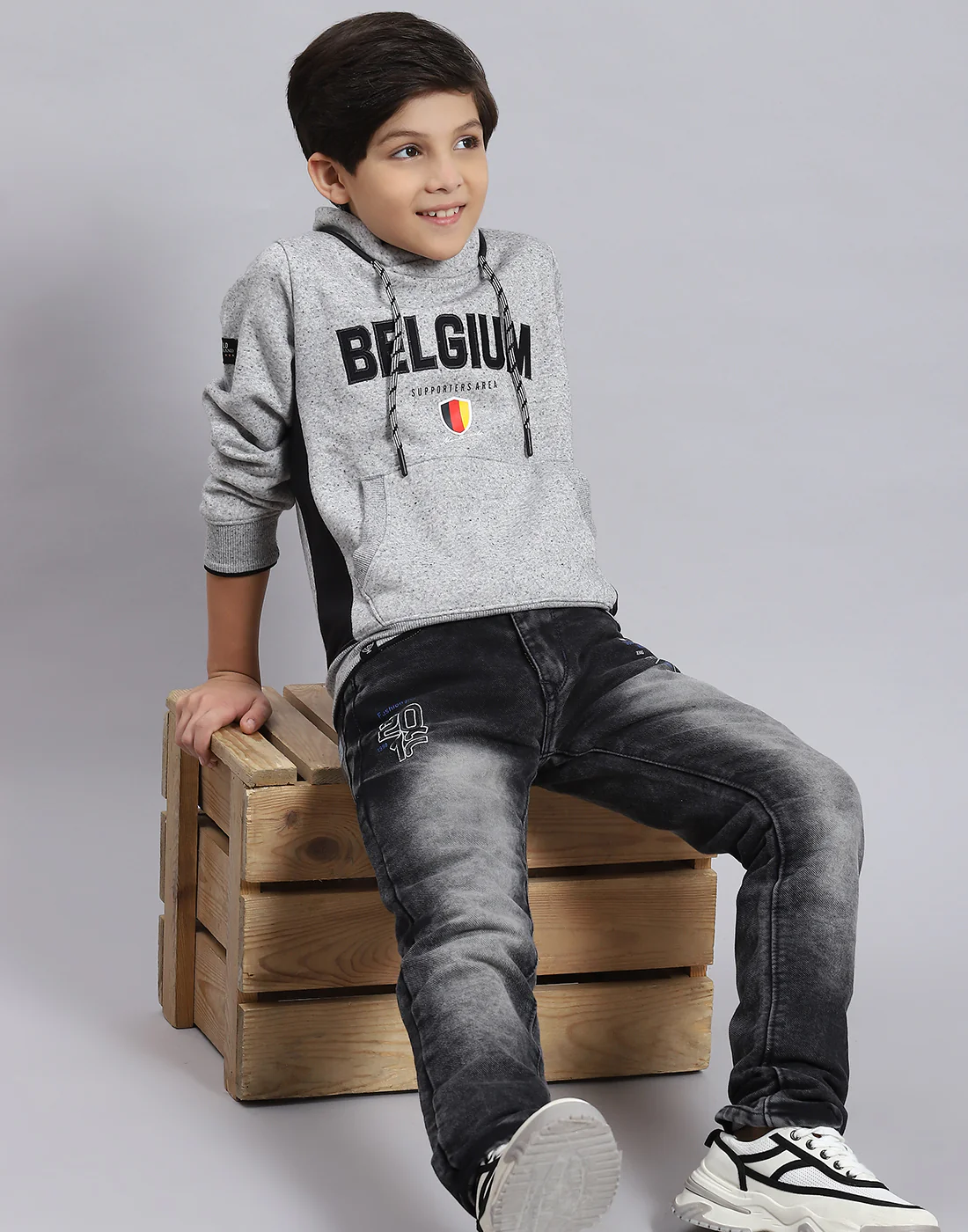 Boys Grey Melange Solid F Neck Full Sleeve Sweatshirt - Image 7