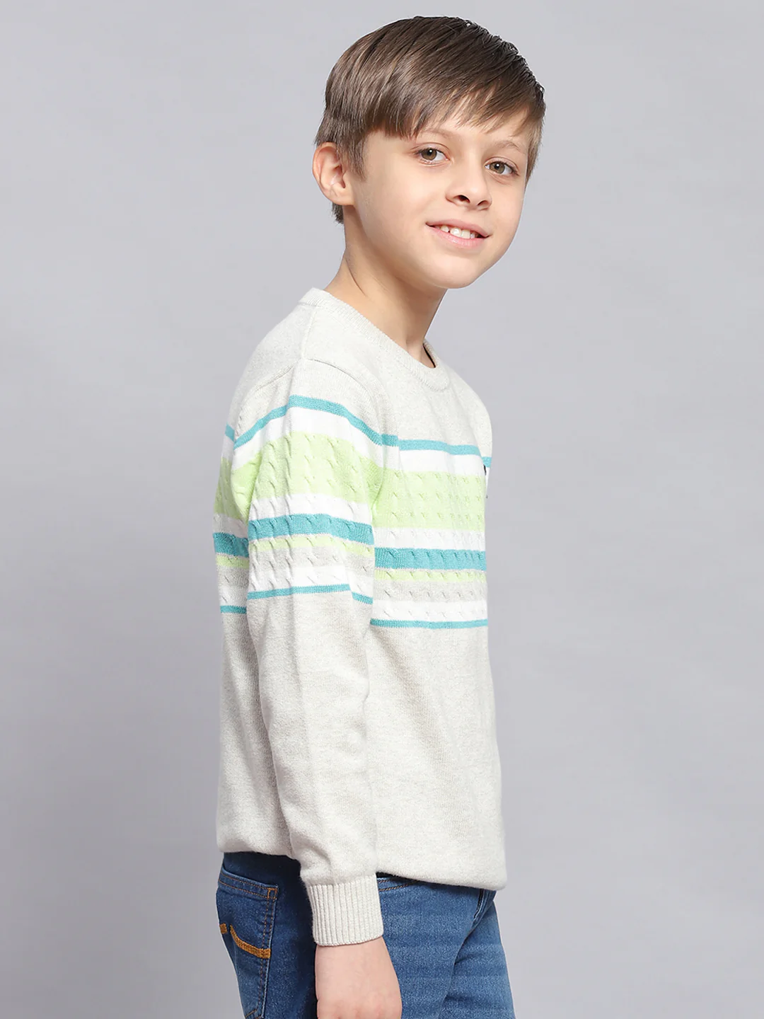 Boys Grey Melange Stripe Round Neck Full Sleeve Sweater - Image 4
