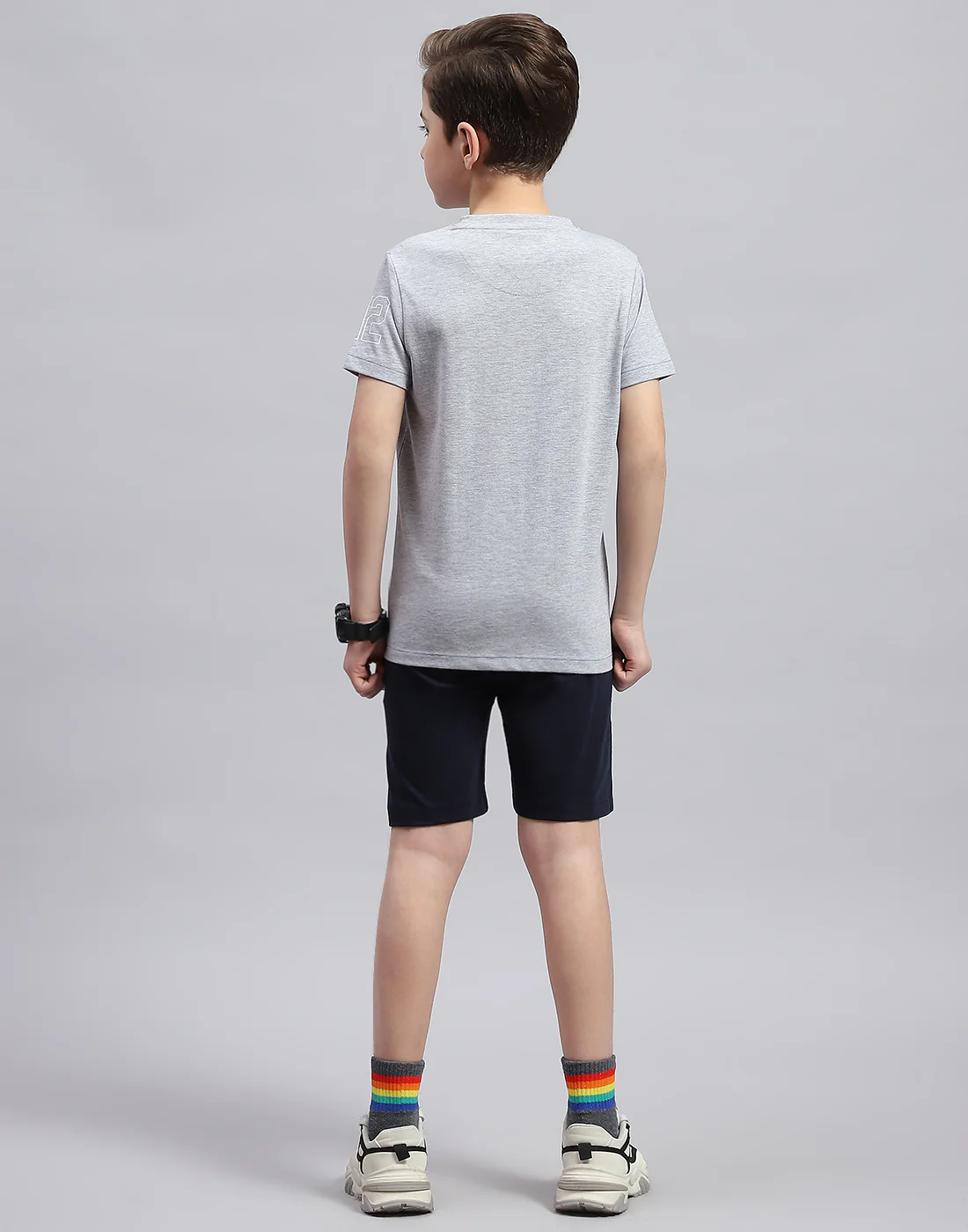 Boys Grey & Navy Blue Printed Round Neck Half Sleeve Bermuda Set - Image 5