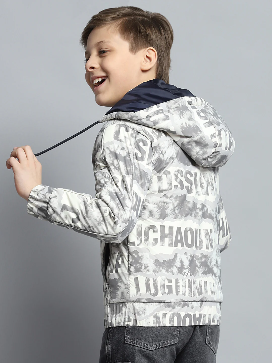 Boys Grey Printed Detachable Hood Full Sleeve Jacket - Image 5