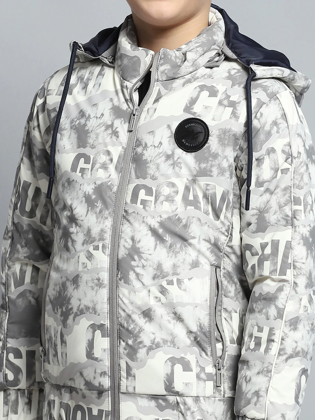 Boys Grey Printed Detachable Hood Full Sleeve Jacket - Image 8